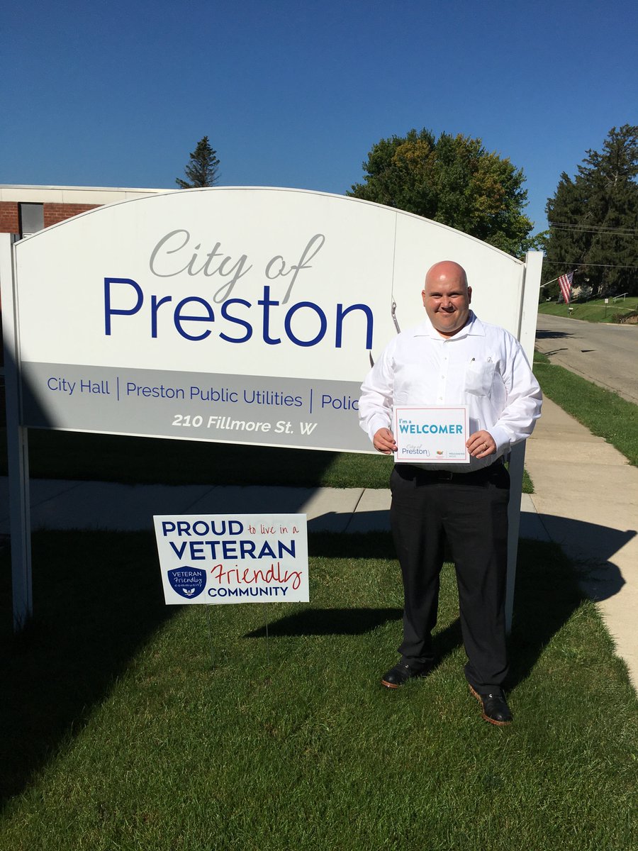 semntogether's tweet image. Folks in Preston have turned out this year for Welcoming Week! See below, the City Administrator, two local Veterans and a community member (and SE MN Together, Housing Action Team member)!