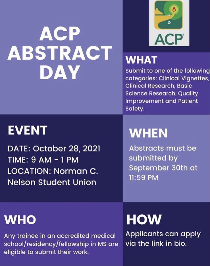 ClubMedUmmc's tweet photo. #Repost Be sure to submit an abstract to the MS Chapter of ACP’s Abstract Day—the deadline is right around the corner! Submission link: https://t.co/kMSAZKlNGD https://t.co/EAmNafIKgS