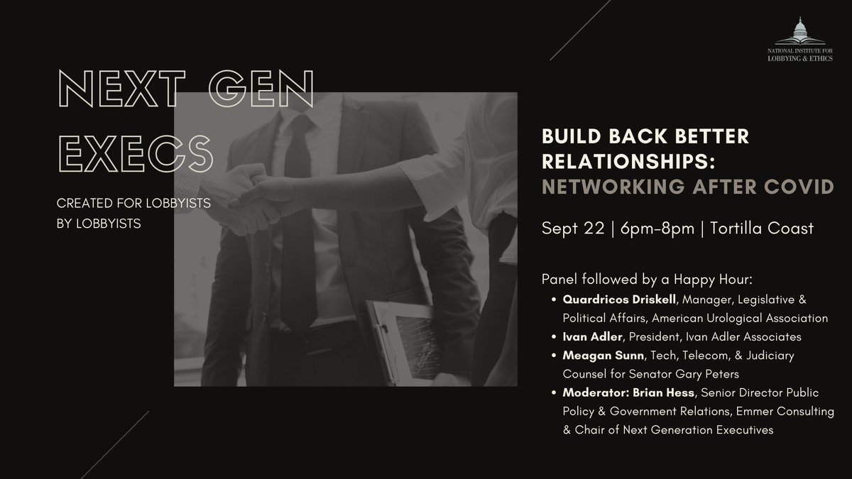 Want to dip your toes back into in-person networking? 

Join our NextGen Executives group on Sept 22nd. This free program includes a panel discussion followed by a happy hour. Panelists: <a href="/MeaganSunn/">Meagan Sunn</a>
<a href="/lobbyisthunter/">Ivan Adler (The Lobbyist Hunter)</a>, <a href="/q_driskell4/">Quardricos Driskell</a>
, &amp; <a href="/blhess/">Brian Hess</a>

Register Here: lobbyinginstitute.com/events1