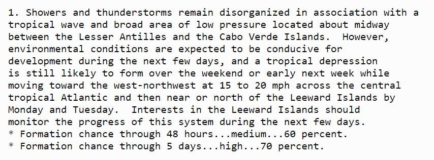 NHC_Atlantic's tweet photo. A tropical wave and broad area of low pressure located over the central tropical Atlantic is likely to become a tropical depression this weekend or early next week. Interests in the Leeward Islands should monitor the progress of this system.

https://t.co/JX426wzDzx https://t.co/DPQgxBtHLV