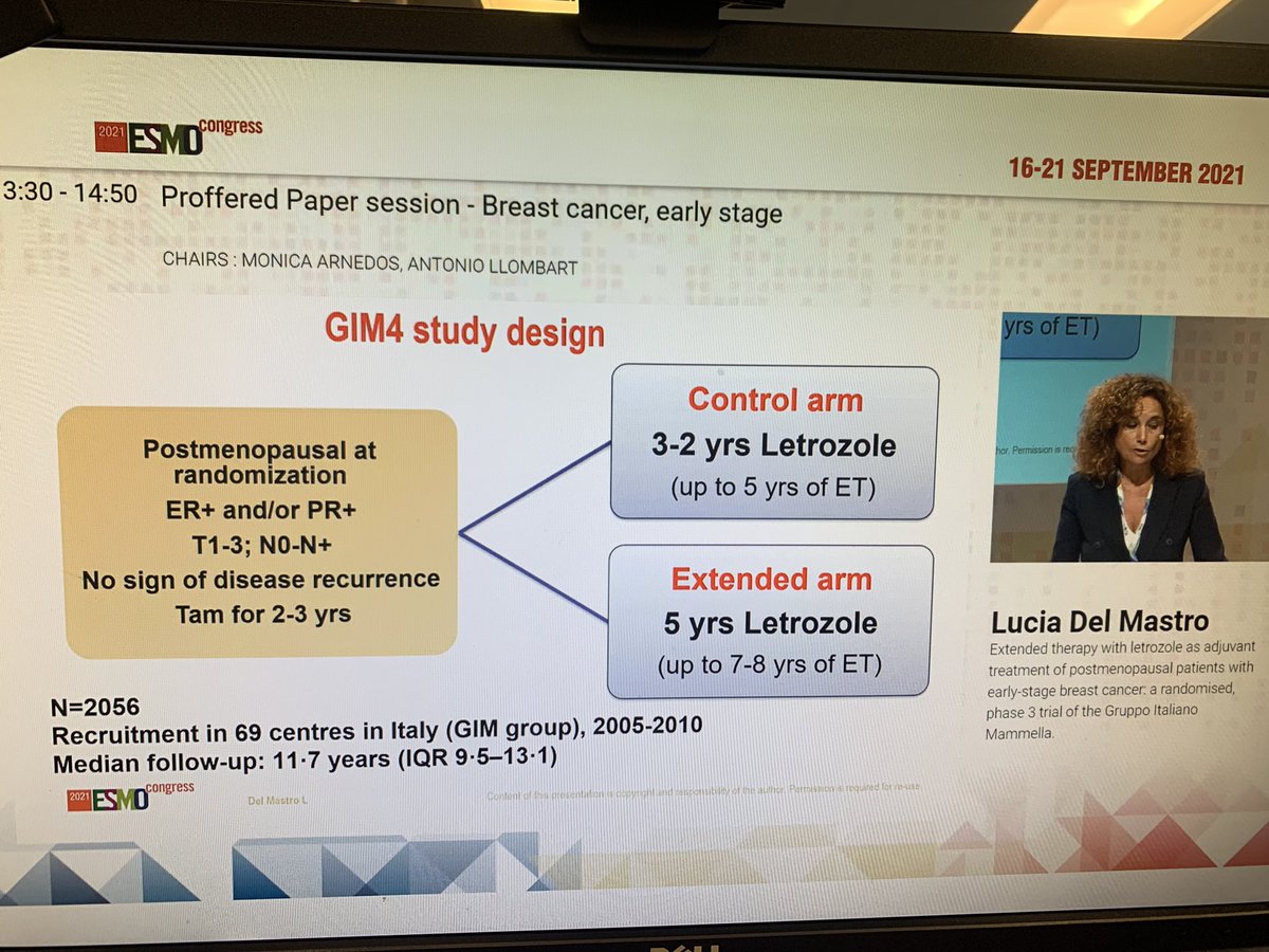 ErikaHamilton9's tweet photo. Lucia Del Mastro presents #GIM4- ph III of extended letrozole for adj post-meno pts after 2-3 yrs tam:

❇️ improved DFS by 5%

✴️ 4% improvement in OS

For post-meno pts that get tam upfront, 7-8 years total w/ AI may be optimal. 

#ESMO21 #bcsm @OncoAlert https://t.co/ua58pwZGyr
