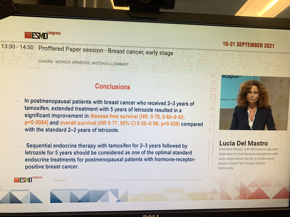ErikaHamilton9's tweet photo. Lucia Del Mastro presents #GIM4- ph III of extended letrozole for adj post-meno pts after 2-3 yrs tam:

❇️ improved DFS by 5%

✴️ 4% improvement in OS

For post-meno pts that get tam upfront, 7-8 years total w/ AI may be optimal. 

#ESMO21 #bcsm @OncoAlert https://t.co/ua58pwZGyr
