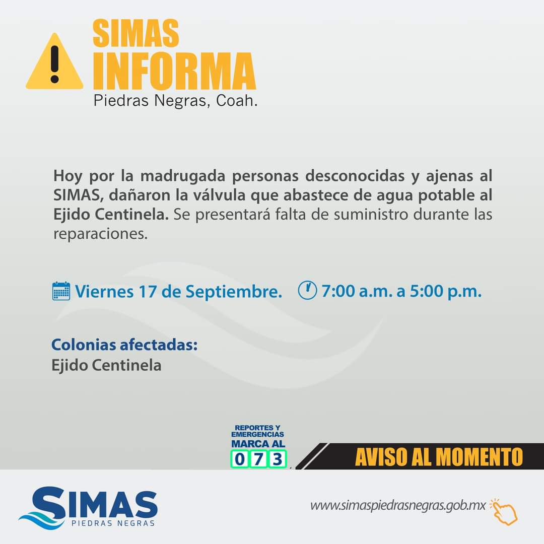 simaspn's tweet photo. ATENCIÓN!
#SIMASinforma
Hoy por la madrugada personas desconocidas y ajenas al
SIMAS, dañaron la válvula que abastece de agua potable al Ejido Centinela.
Agradecemos su comprensión, personal del SIMAS ya está trabajando en el lugar. https://t.co/Uzx9N66KgU