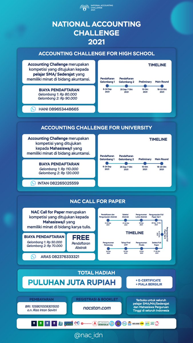 PKN STAN dengan bangga mempersembahkan 💫National Accounting Challenge 2021💫! 
Tahun ini kami kembali hadir dengan berbagai perlombaan menarik yang memperebutkan hadiah puluhan juta rupiah!🙌🔥
Siapkan tim terbaikmu dan raihlah juara🏆✨
 For more information: <a href="/NAC_idn/">NAC 2021 PKN STAN</a>