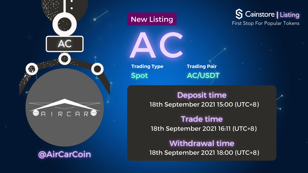 AirCarCoin's tweet photo. 🔥Good News
We are thrilled to announce that AC will list on @coinstore_en.

Stay tuned for our more details.

#AC #Coinstore #BSC https://t.co/TwFX1ra1F0