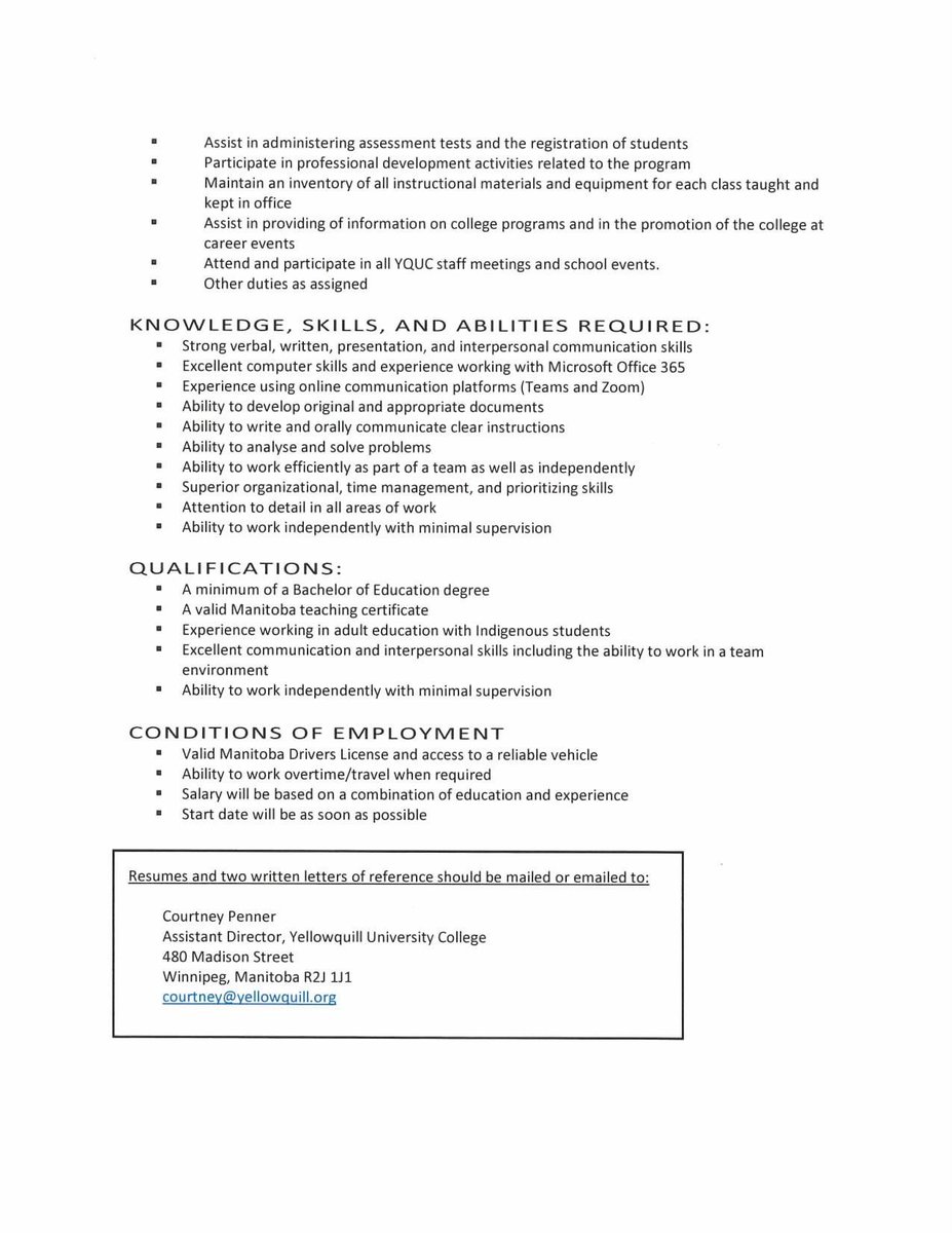 Mrs_Courchene's tweet photo. Yellowquill is looking for an instructor. Pass it on my educator friends! 😊 https://t.co/OqPWZMgFoW