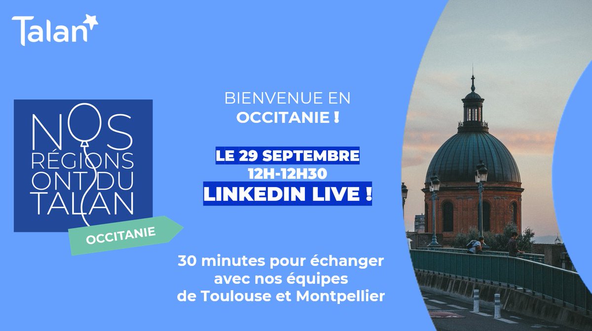 [EVENEMENT] RDV le 29/09 en Occitanie pour "Nos régions ont du Talan". Nous répondrons à toutes vos questions sur @talan_fr , la vie en Occitanie, nos offres et clients, les postes à pourvoir, la mobilité... 🎈 Inscription : lnkd.in/ePCq-pbr

#Talan #Emploi #Occitanie
