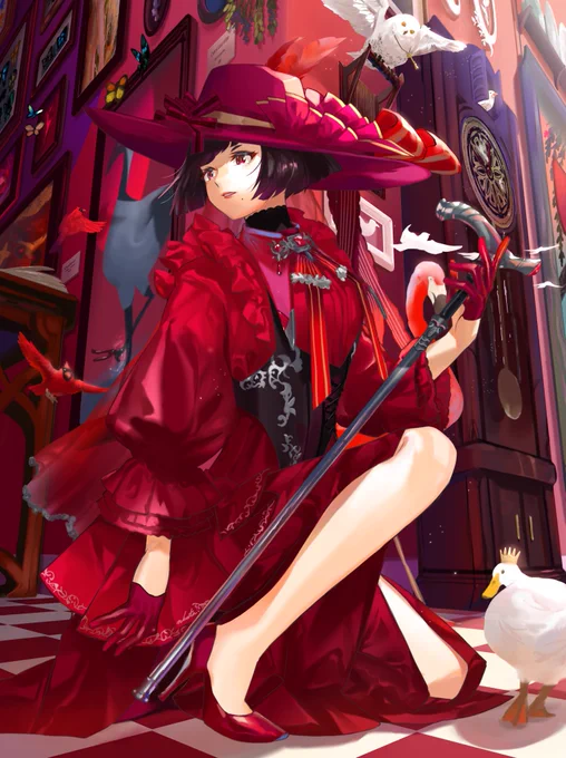 "Lady Carmine" with birds 
