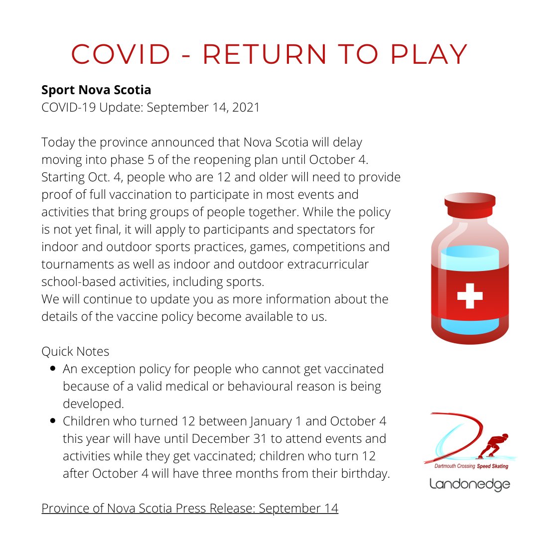 DCSpeedSkate's tweet photo. The latest update about COVID-19 sport regulations can be found on the @SportNovaScotia website. ⬇️
https://t.co/ogbb2668Pz https://t.co/kt6OTZP7H4