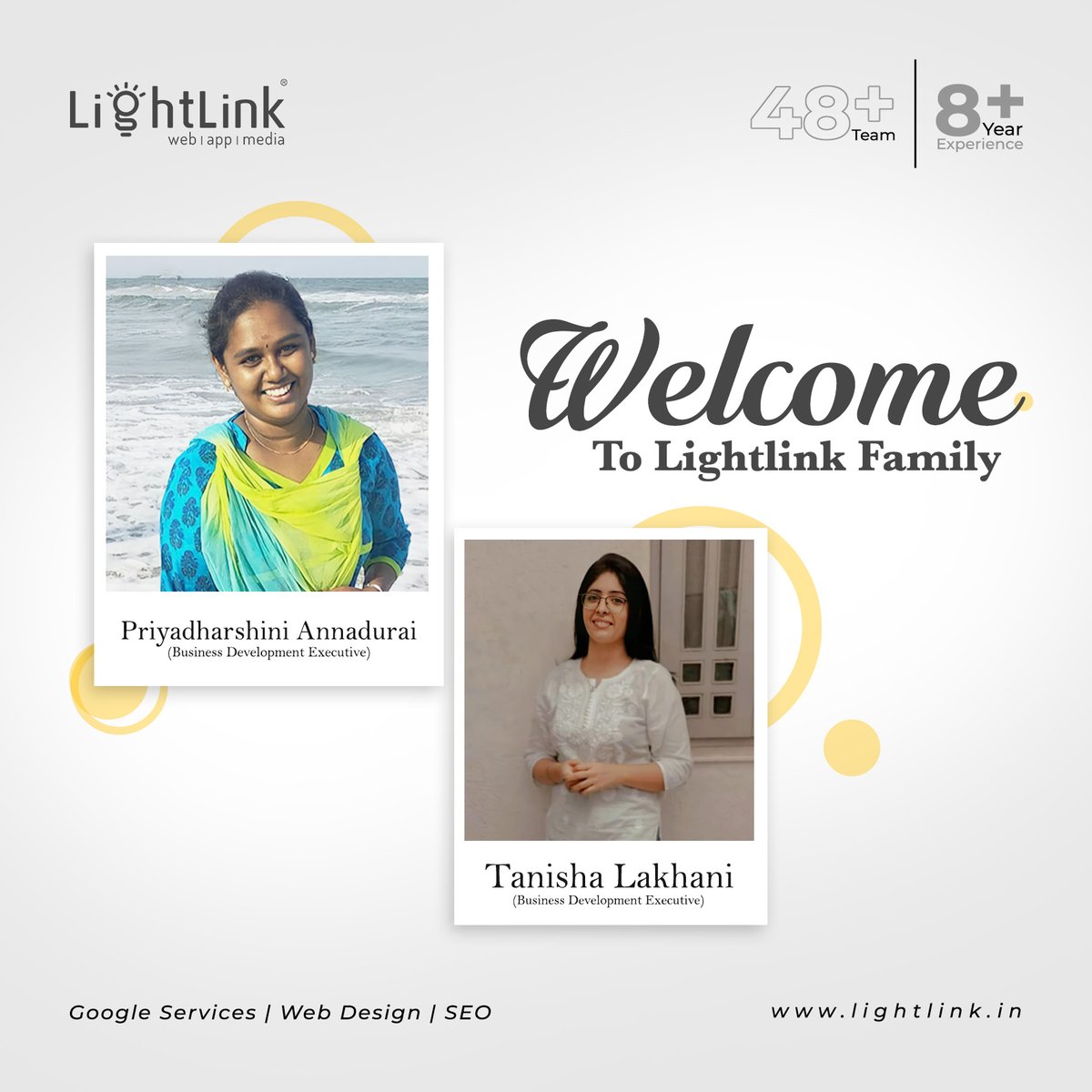 LightlinkSolut1's tweet photo. Congratulations on joining our team!!! 
Priyadharshini Annadurai, Tanisha Lakhani.
Your skills and talents will be a great addition to our Company.

#jointeam #team #seo #business #branding #onlinemarketing #google #searchengineoptimization #lightlinksolutions https://t.co/sPhT20wDpq