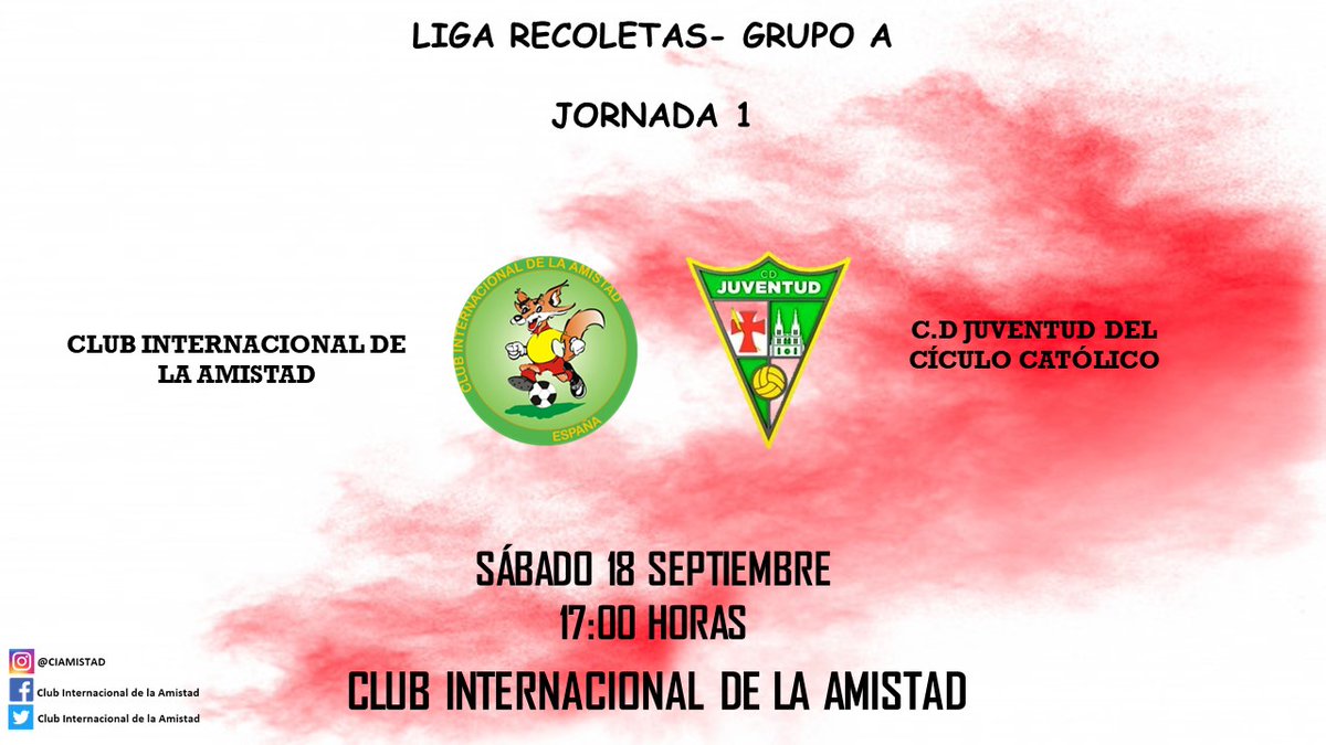 El Juvenil B también comienza la temporada ⚽

🗓 Sábado 18 de Septiembre 
🕡 17:00 H
🏟 Club Internacional de la Amistad
🆚 C.D Juventud del Círculo