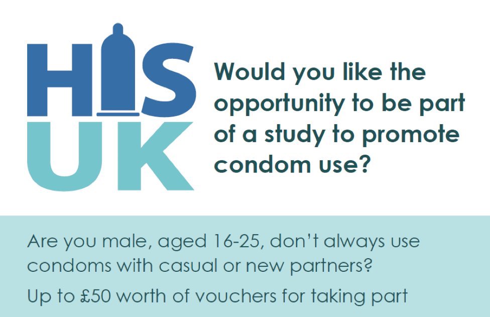 Men aged 16-25 who don’t always use condoms with new or casual partners needed for large scale condom study. Earn up to £50 &amp; contribute to public health research #Nottingham <a href="/HealthForTeens1/">Health for Teens</a> @UNHS_Cripps <a href="/Sexpression/">Sexpression:UK</a> <a href="/UoNSU/">University of Nottingham Students' Union</a> <a href="/hisukstudy/">HIS-UK</a> for info, go to his-uk.net