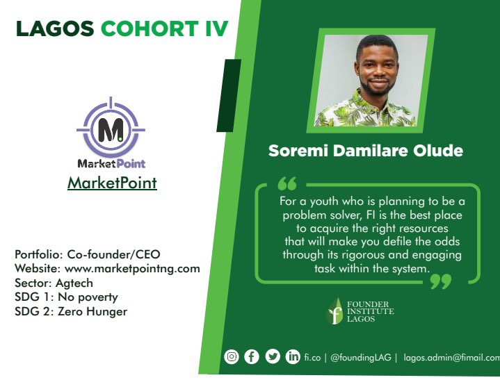 foundingLAG's tweet photo. @Marketpointng is a Farm-2-Business online platform that connects farmers to the buyers of farm produce.
Learn more about FILagos portfolio company, https://t.co/Mud610hueU
#FILagos #FIAfrica #FIWorldwide #FounderInstitute #Startups #NigerianStartups #Technology #marketpointng https://t.co/K3G1WKle5F