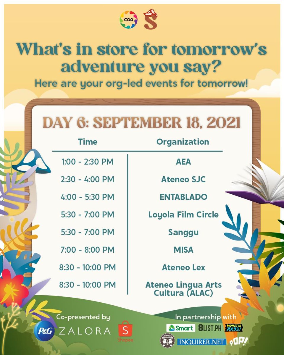 COARecWeek's tweet photo. ORG-LED EVENTS DAY 6: September 18 🪴

Visit these orgs’ Facebook pages to watch their events take place or how to join! 

#COARecWeek2021
#StartWithSonder
Pub by Ralf Borja https://t.co/lh7xxWYUq9