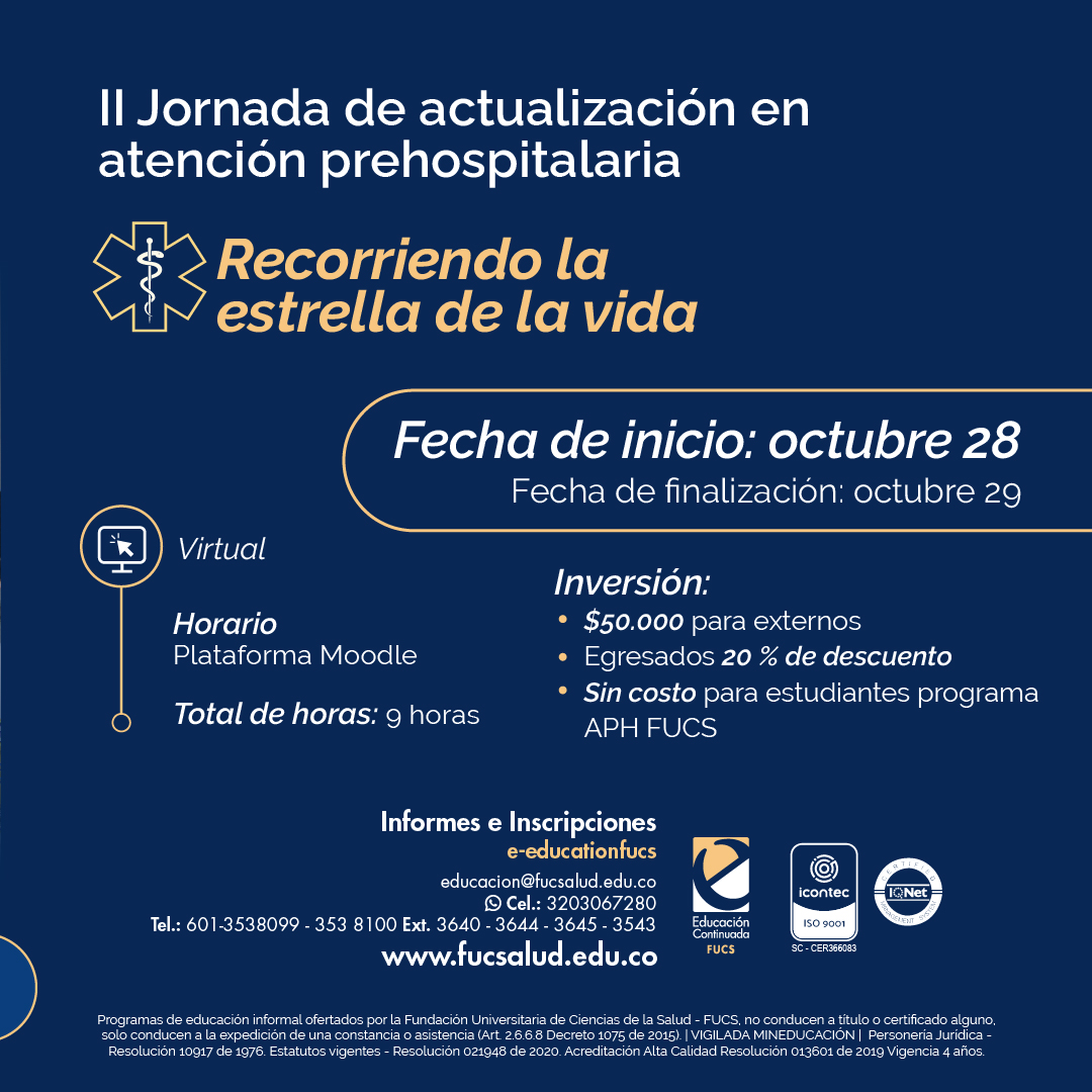 FUCS Educación Continuada (@educacionfucs) on Twitter photo Participa este 28 de octubre a la II Jornada de actualización en atención prehospitalaria Recorriendo a la estrella de la vida, dirigido a integrantes del sistema de emergencias médicas
👉Conoce más del programa bit.ly/3AhQpuy Participa este 28 de octubre a la II Jornada de actualización en atención prehospitalaria Recorriendo a la estrella de la vida, dirigido a integrantes del sistema de emergencias médicas
👉Conoce más del programa bit.ly/3AhQpuy