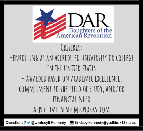 LindseyBKennedy's tweet photo. It's #FreeMoneyFriday! The NC Society Daughters of the American Revolution (DAR) website lists several scholarships ranging in value from $250 to $5000. Check out the link below for more info! 💸🎓 @ForbushHS #FHS22

🔗 https://t.co/vOMHDIoR6T https://t.co/4r1i3kRvkI