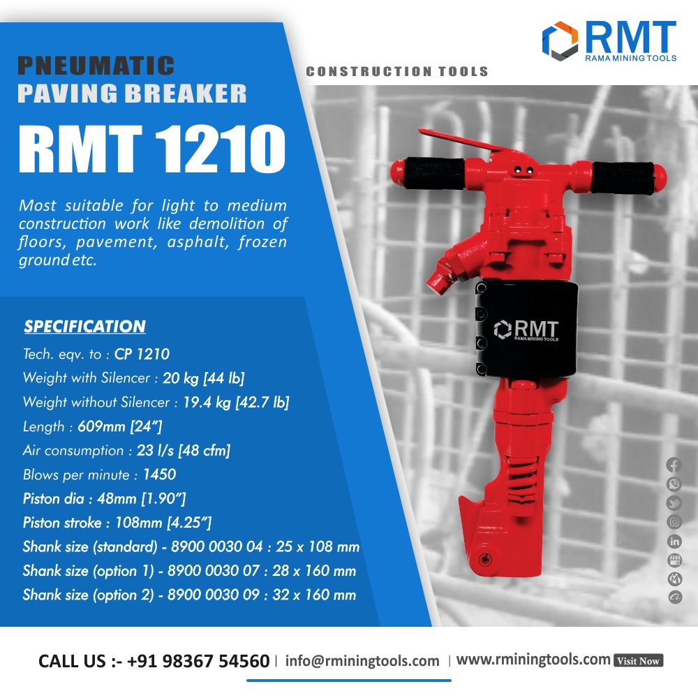 RMT_ramamining's tweet image. They say an instrument is the man&apos;s closest companion and with RMT 1210 this adage stands right. This air instrument is generally appropriate for light to medium development work like the destruction of floors, asphalt, black-top, and frozen ground.

#PneumaticBreakers #tools