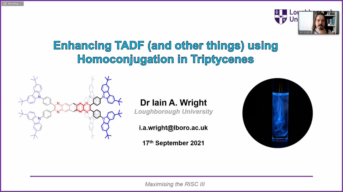 Starting us off after lunch was Iain Wright who showed how homoconjugation can enhance TADF and other photophysical parameters in triptycene-based systems. #MAXrISC #FluorescenceFriday