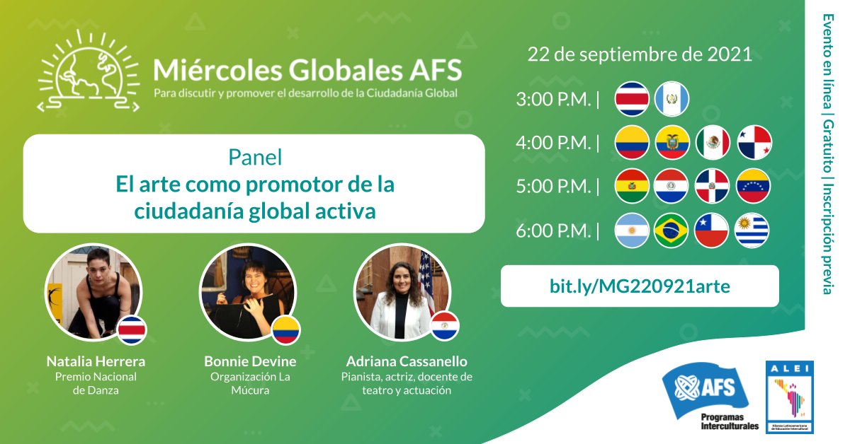 La Alianza Latinoamericana de Educación Intercultural #ALEI invita a los docentes de América Latina al panel "El arte como promotor de la ciudadanía global activa".

Regístrate en bit.ly/2XfTA76 y comparte el #AFSeffect.