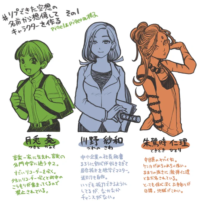 #リプで来た空想の名前から想像してキャラクターを作る
第一弾!
素敵なお名前揃いで創作意欲がワクワク(椿子) 
