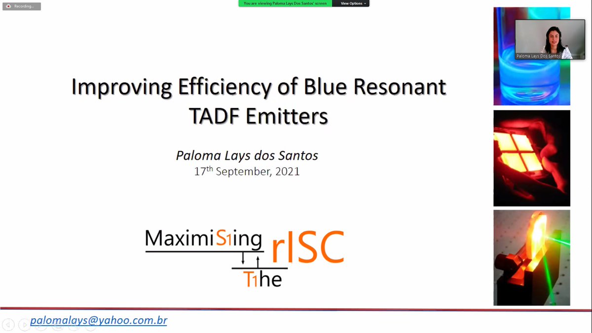 The second speaker of this afternoon session is Paloma dos Santos who will speak about blue-light-emitting resonant TADF emitters and how we can improve their efficiency. #MAXrISC #FluorescenceFriday