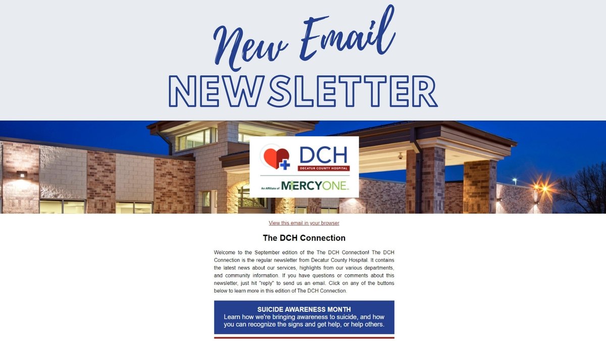 Our latest email newsletter was
just sent to our subscribers! Didn't get yours? Make sure to sign up so you don't miss another piece of news. Just visit decaturcountyhospital.org/resources/dch-… to view our past issues and sign up.