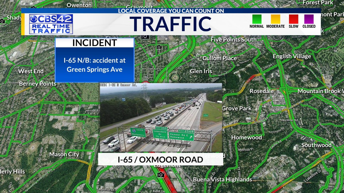 Major accident on I-65 NB at Green Springs Avenue: significant delays- Alabaster drivers making your way into Birmingham... drive time sitting at around 45 minutes. Yikes! @cbs_42