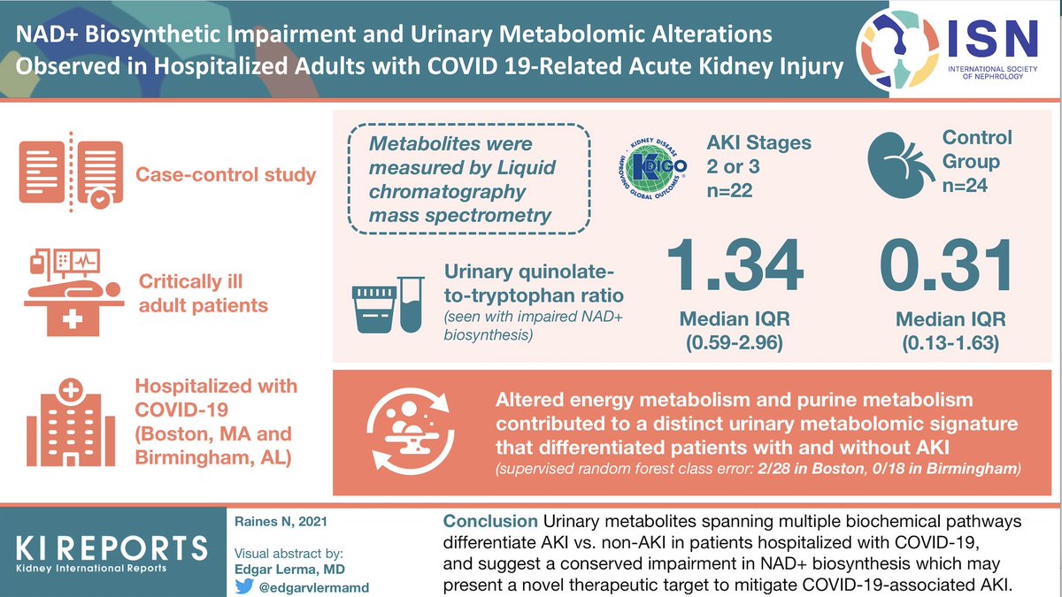 NAD+ biosynthetic impairment and urinary metabolomic alterations observed in hospitalized adults with COVID-19-related acute kidney injury 

#COVID19

#visualabstract #graphicalabstract by <a href="/edgarvlermamd/">Edgar V. Lerma 🇵🇭</a> 

doi.org/10.1016/j.ekir…

<a href="/NateRaines3/">Nate Raines</a> <a href="/samirparikhmd/">Samir M. Parikh</a>