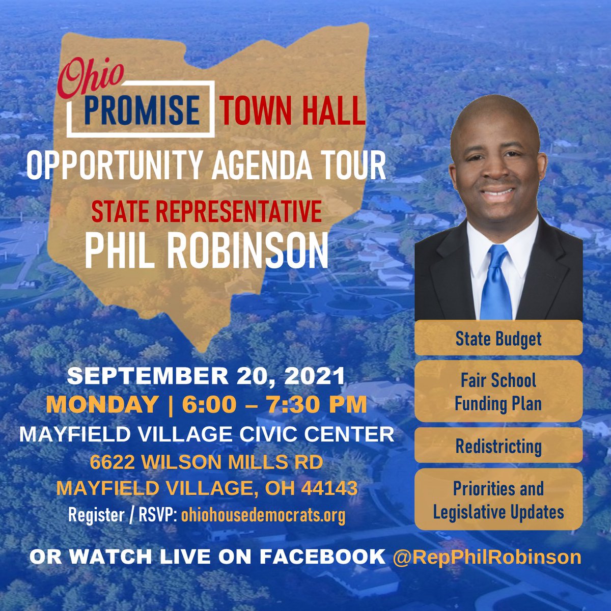 Our District 6 town hall tour continues! Join me in <a href="/mayfieldvillage/">Mayfield Village</a> on September 20 @ 6:00 pm at the Mayfield Village Civic Center to discuss redistricting, the state budget, fair school funding and more. Masks required at the civic center. #OpportunityAgendaTour #WeWorkForYou