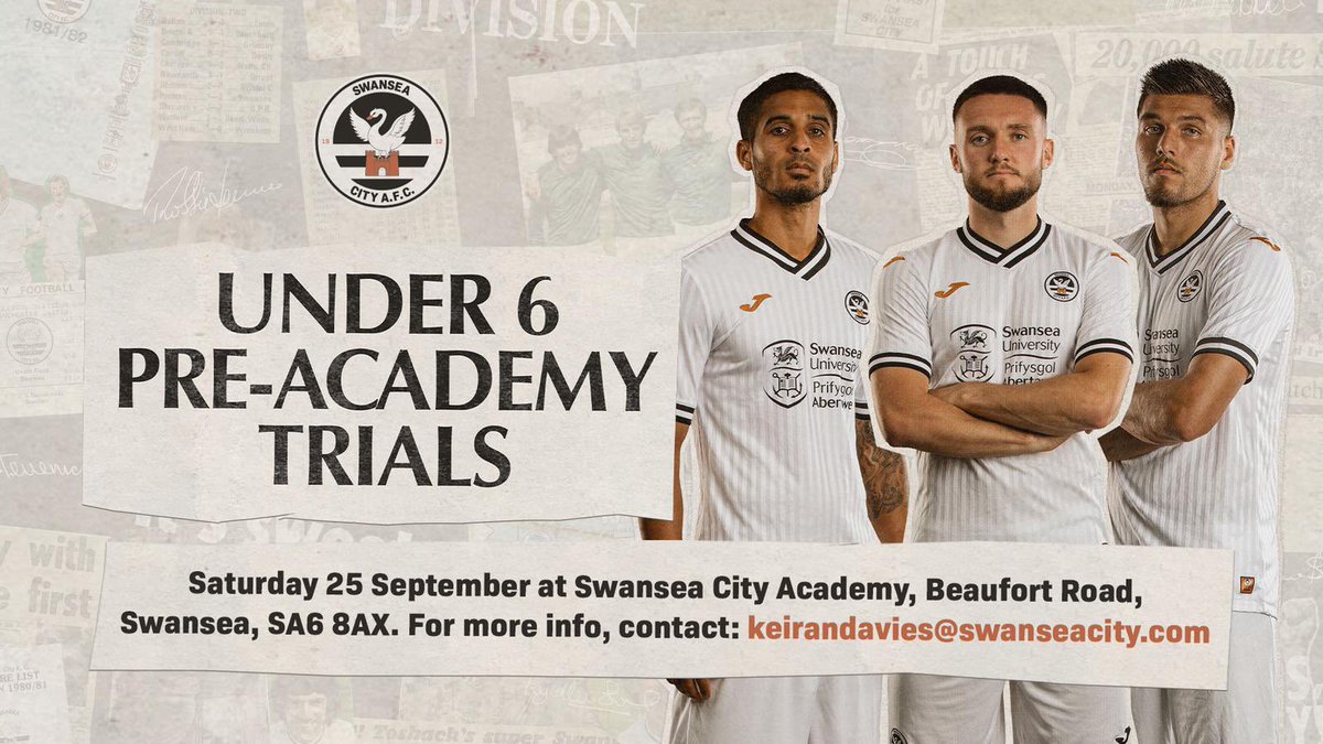 Under 6 Pre-Academy Open Trials 🦢⚽

To register complete this form 👉 forms.gle/4JsqKm4nqkMxLZ…

For more details contact:
✉️ - keirandavies@swanseacity.com