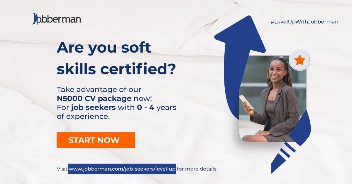 Jobbermandotcom's tweet photo. Are you an entry-level job seeker? Do you need a standard CV?
Take advantage of our #5,000 CV package for job seekers with 0-4 years of work experience.
Visit https://t.co/8chv2D6bvJ for more details.
Start now!
#LevelUpwithJobberman #CVServices #JobbermanNigeria https://t.co/wzCoucj0JU