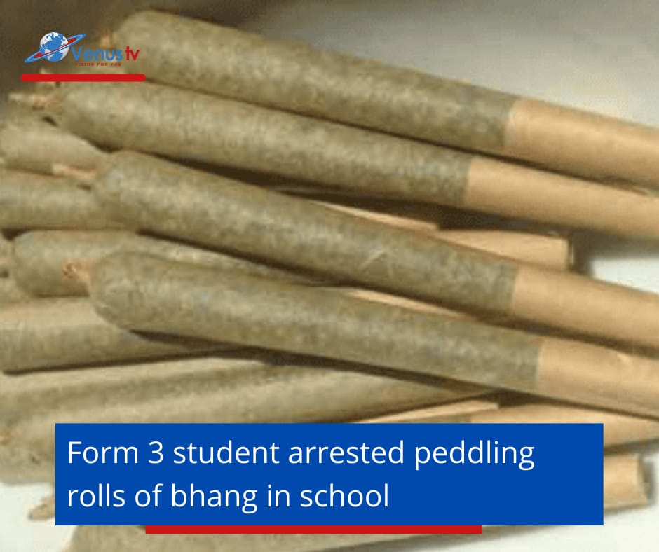 VenusTvKenya's tweet photo. Police in Kisumu are holding a Form Three student who was caught peddling bhang to fellow students at Rapogi Mixed Secondary School in Kombewa, Seme Sub-county.
#PeddlingBhang
#police
#Kisumu
#arrested
#Formthree
#RapogiMixedSecondary
#Kombewa https://t.co/wbqfXOL8sE
