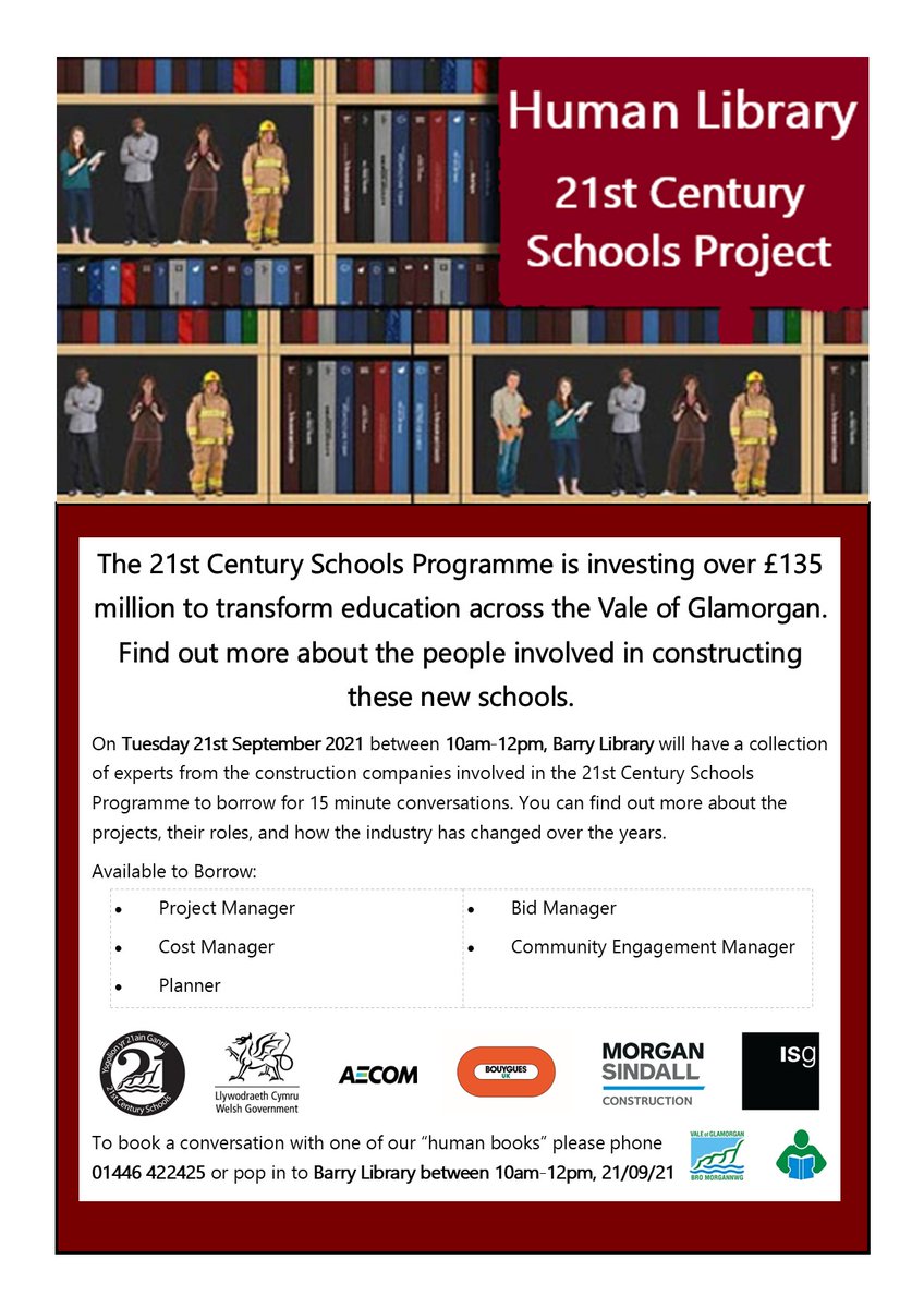 BarryLibrary's tweet photo. Barry Library will be holding a Human Library event on Tuesday 21st September 2021. The human “books”  will be experts from the construction companies involved in the Vale’s 21st Century Schools Project and you can borrow them for a 15 minute conversation. https://t.co/4VaDiqqvd4
