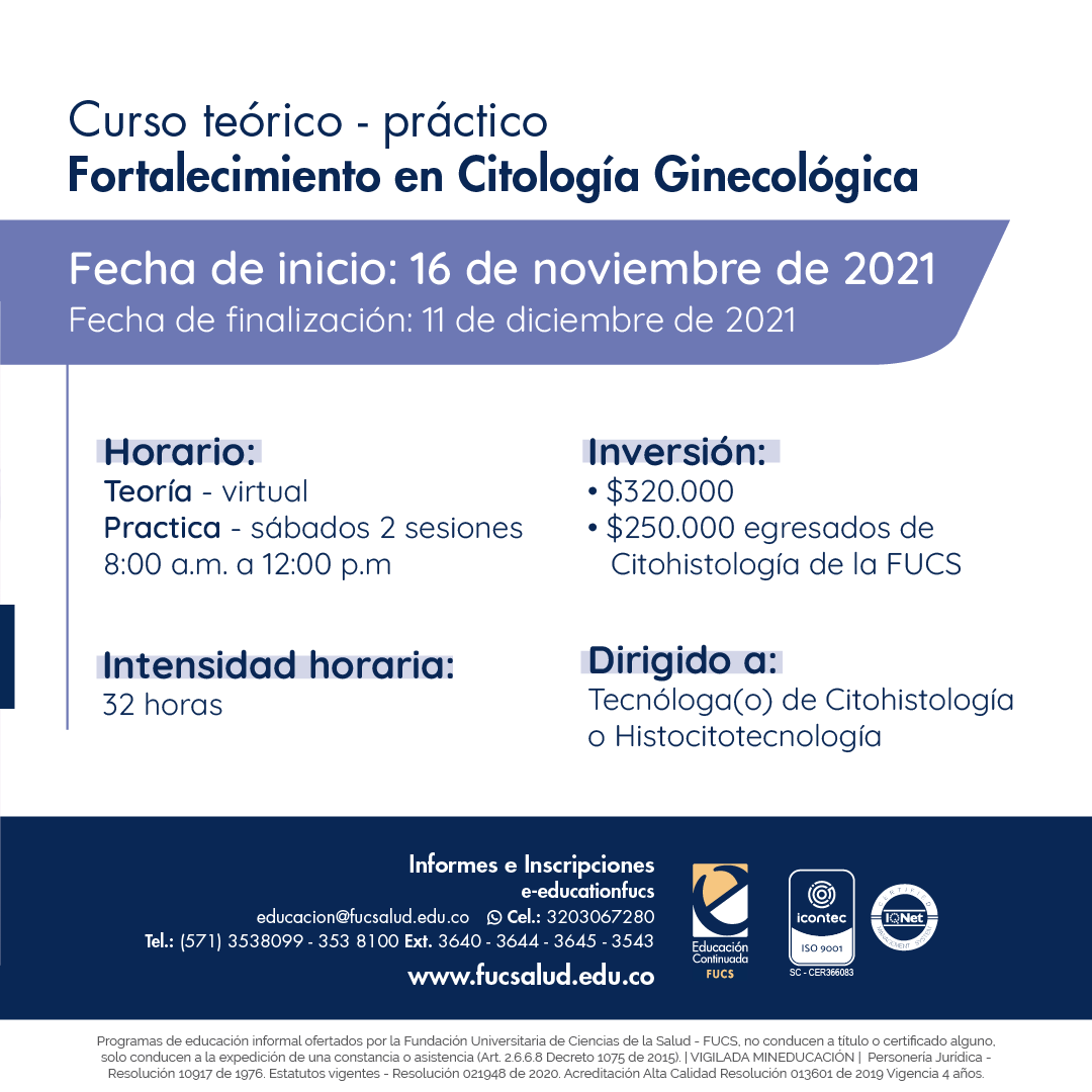 FUCS Educación Continuada (@educacionfucs) on Twitter photo #NuevoPrograma  El Curso teórico – práctico de fortalecimiento en citología ginecológica le permitirá a los participantes realizar la práctica de la interpretación microscópica de las anomalías epiteliales (ASC-US - LSIL)
👉Conoce más de nuestro programa  wa.link/ue6l31 #NuevoPrograma  El Curso teórico – práctico de fortalecimiento en citología ginecológica le permitirá a los participantes realizar la práctica de la interpretación microscópica de las anomalías epiteliales (ASC-US - LSIL)
👉Conoce más de nuestro programa  wa.link/ue6l31