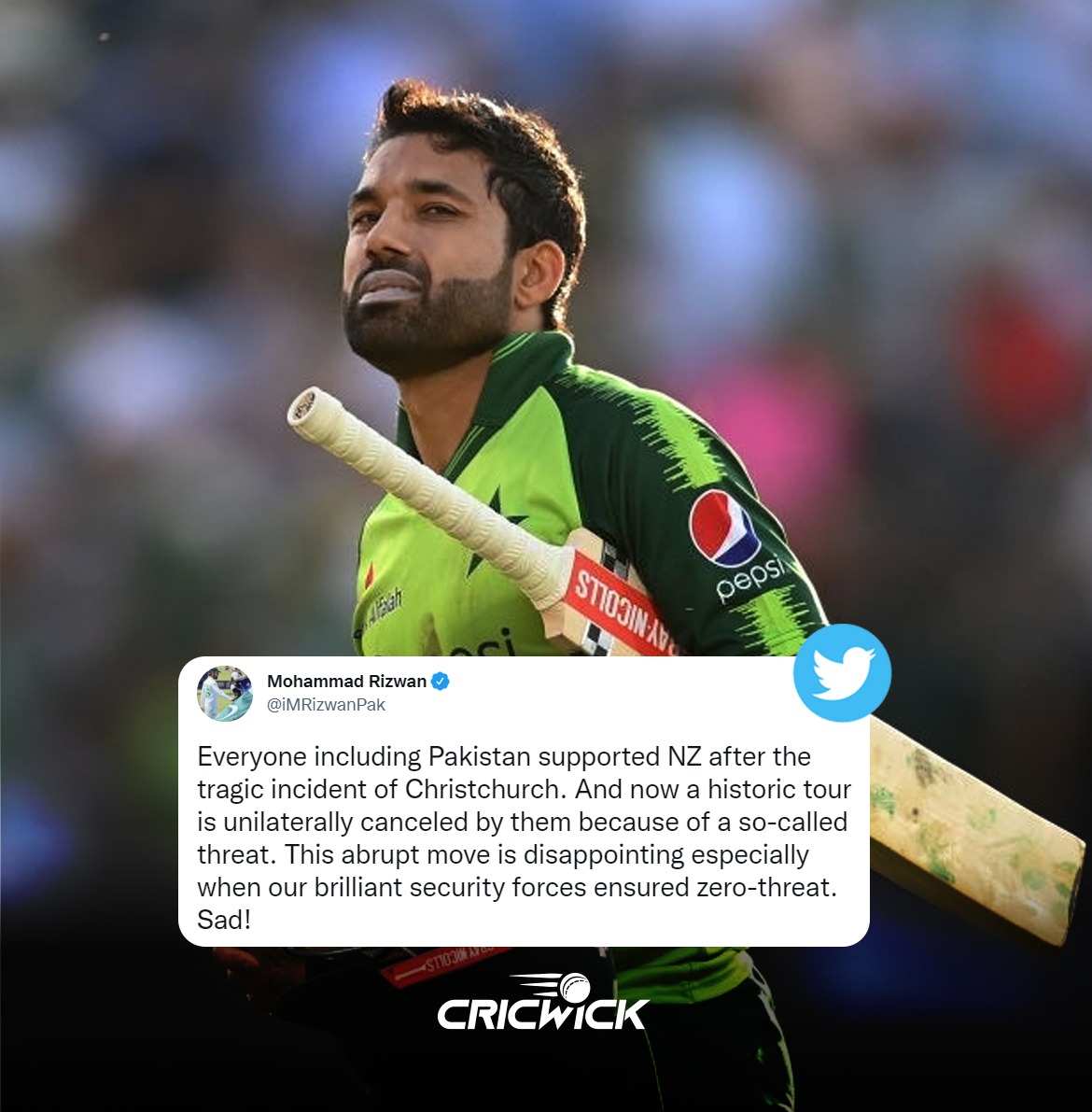 Cricwick's tweet photo. Mohammad Rizwan reminds @BLACKCAPS of Pakistan's support following the Christchurch shootings in 2019 🤝

He reiterates the security forces had ensured "zero-threat" for the now-abandoned tour

#PAKvNZ https://t.co/gbL9SScJeB