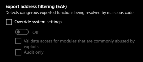 VRDRF's tweet photo. @kevinkcwalter @MoonriseShadow @WindowsUpdate @Microsoft And with disabling I mean disabling EAF for all office .exe files in exploit guard. https://t.co/CmboKoeS7j