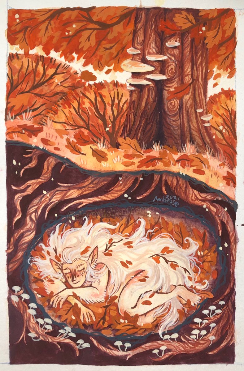 SleepyLichen's tweet photo. Every autumn, the golden summer elves feast on the last harvest from their forest home. After the long, grand party, they find abandoned fox holes beneath trees to hibernate for the winter 🍁🍂 https://t.co/sh89diMkOz