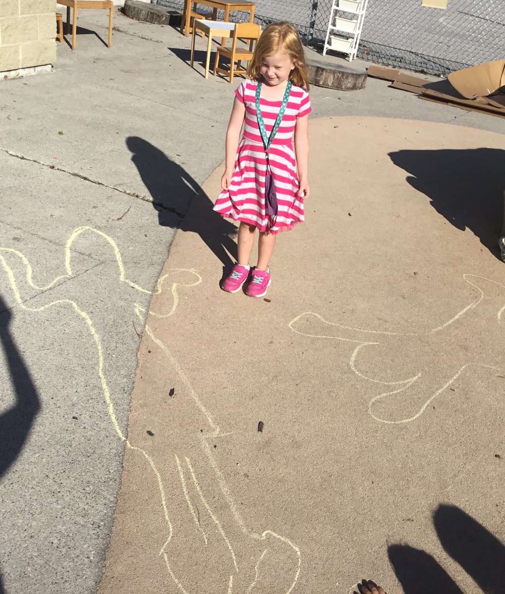 JBrentECE's tweet photo. Sun investigations = #mathchat Laying down and standing up provided size perspective. Then marking shadow moments told us why. Sun moves over time and changes the length of our shadows. #PlayWithPurpose #InterestMatters https://t.co/eiv1EVLIxi
