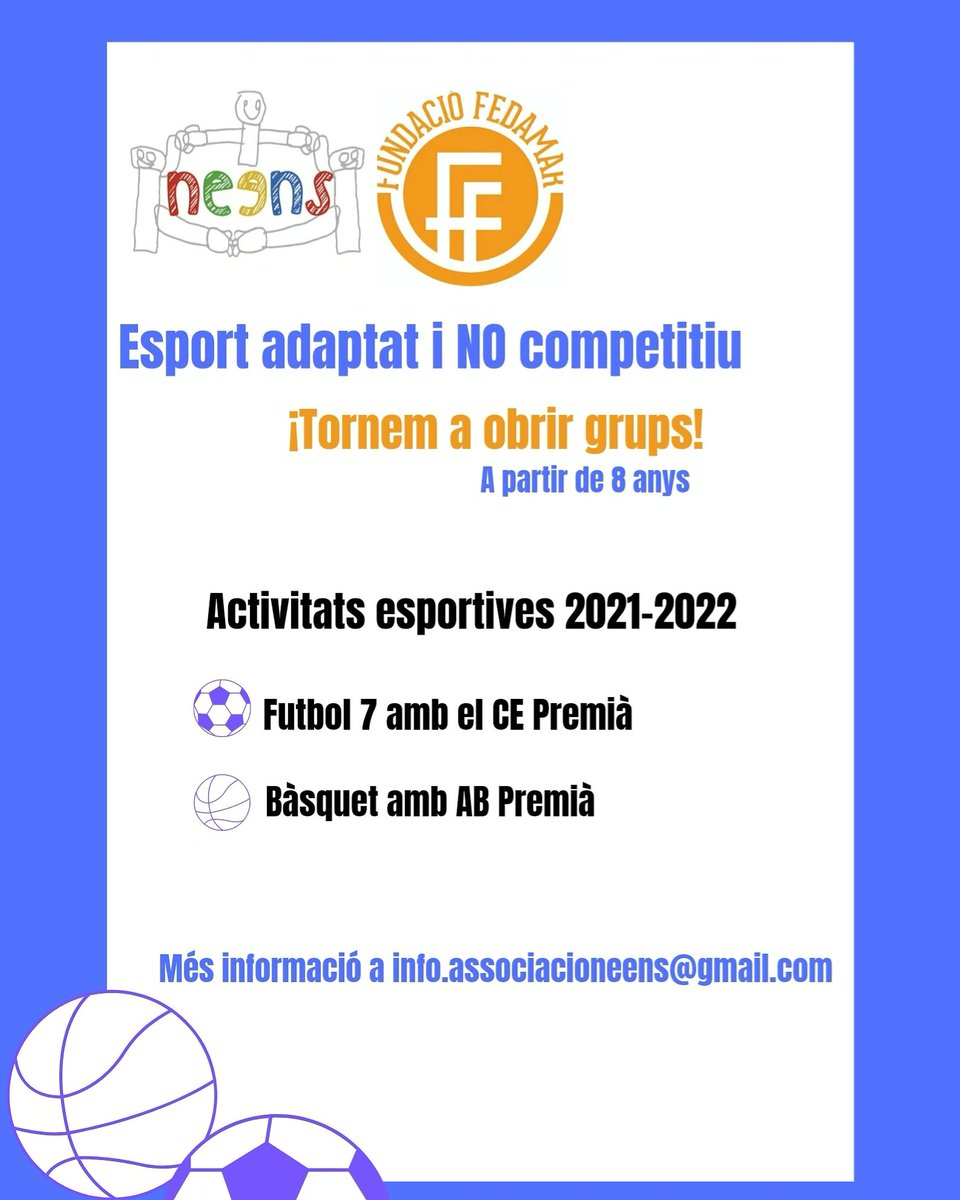 MaresParesNee's tweet photo. Ets més de bàsquet que de fútbol?
No pateixis! També tenim bàsquet amb l' AB Premià.  Inscripcions i més informació a info.associacioneens@gmail.com
https://t.co/yzQu9p9Mt1
@radiopremiamar @ABPremia @fundaciofedamar @ratolinaemma @FundacioMaresme https://t.co/zdgefxvhBK
