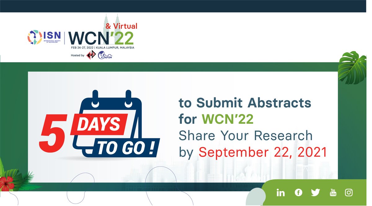 ISNkidneycare's tweet photo. 📢 5 days to go to submit abstracts for #ISNWCN - Share your research by September 22 ➡️ https://t.co/a1anizPw8Z

Accepted abstracts are published in the congress supplement to @KIReports, expanding their visibility as resources and references to the global nephrology community. https://t.co/hacAk5tPbI