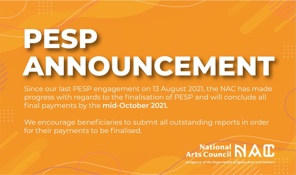 nacsouthafrica's tweet image. PESP Announcement
Since our last engagement on 13 Aug, the NAC has made progress with regard to the finalisation of PESP and will conclude all final payments by mid-October.

We encourage beneficiaries to submit all outstanding reports in order for their payments to be finalised.