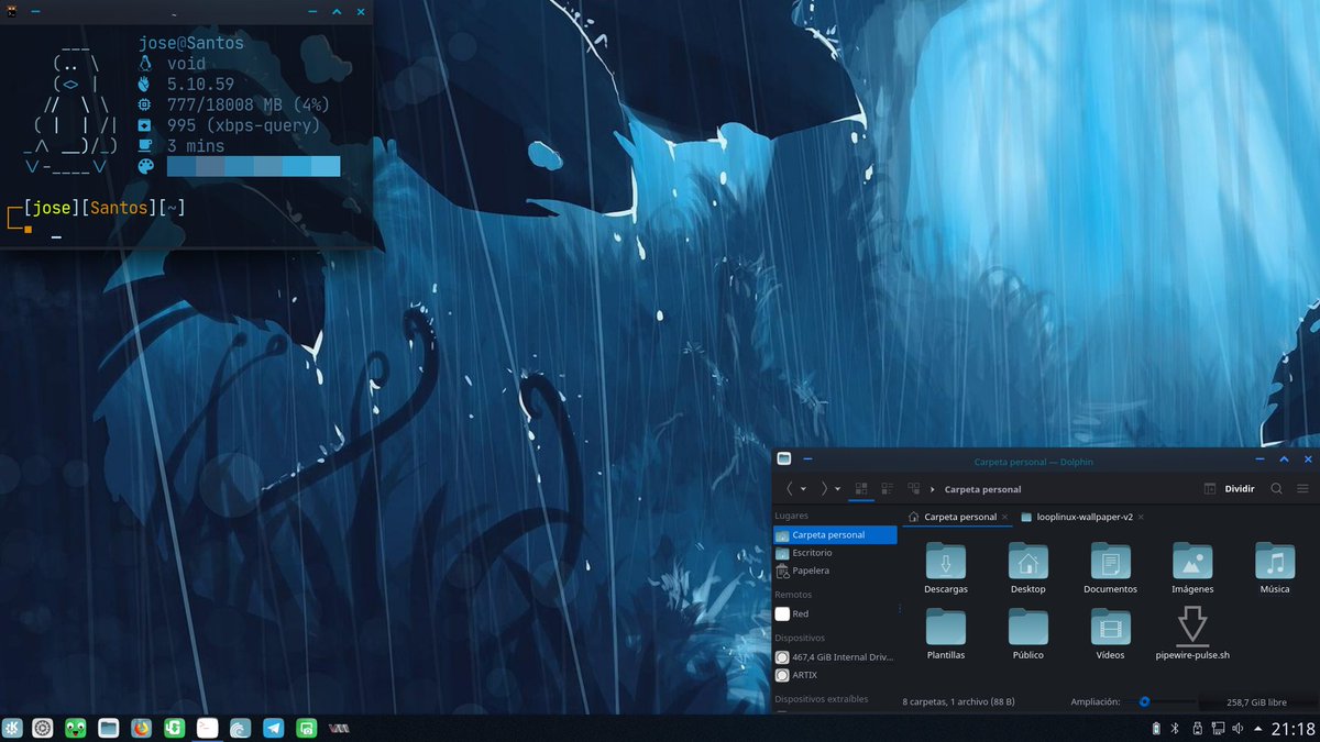 OsAgarim's tweet image. Mi nueva  personalización de mi partición de @VoidLinux
 con @kdecommunity #Plasma.
Cuatro capturas con 3 shell distintos y mi configuración de Neofetch.
@podcastlinux

#ViernesDeEscritorio
#ShowYourLinuxDesktopFriday
#ShowYourLinuxDesktop
#ShowYourDesktopFriday