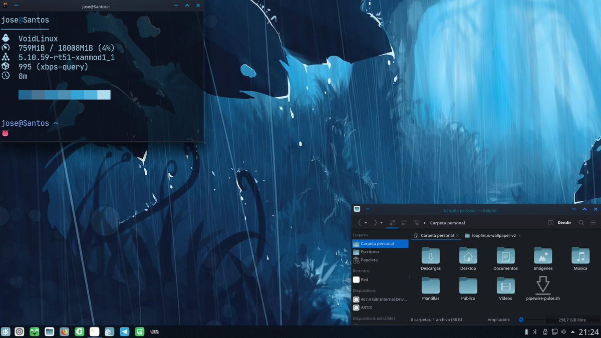 OsAgarim's tweet image. Mi nueva  personalización de mi partición de @VoidLinux
 con @kdecommunity #Plasma.
Cuatro capturas con 3 shell distintos y mi configuración de Neofetch.
@podcastlinux

#ViernesDeEscritorio
#ShowYourLinuxDesktopFriday
#ShowYourLinuxDesktop
#ShowYourDesktopFriday