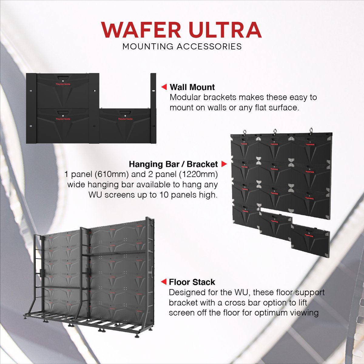 Taylorleds's tweet photo. Wafer Ultra Mounting Accessories!

Wall brackets, hanging bars and floor stack accessories are available for these fixed installation products! Incorporate Wafer Ultra screens in any settings.

Learn more: https://t.co/zhjSQlHvD2

#taylorleds #LEDscreen #avtech https://t.co/xJYrXOxyda