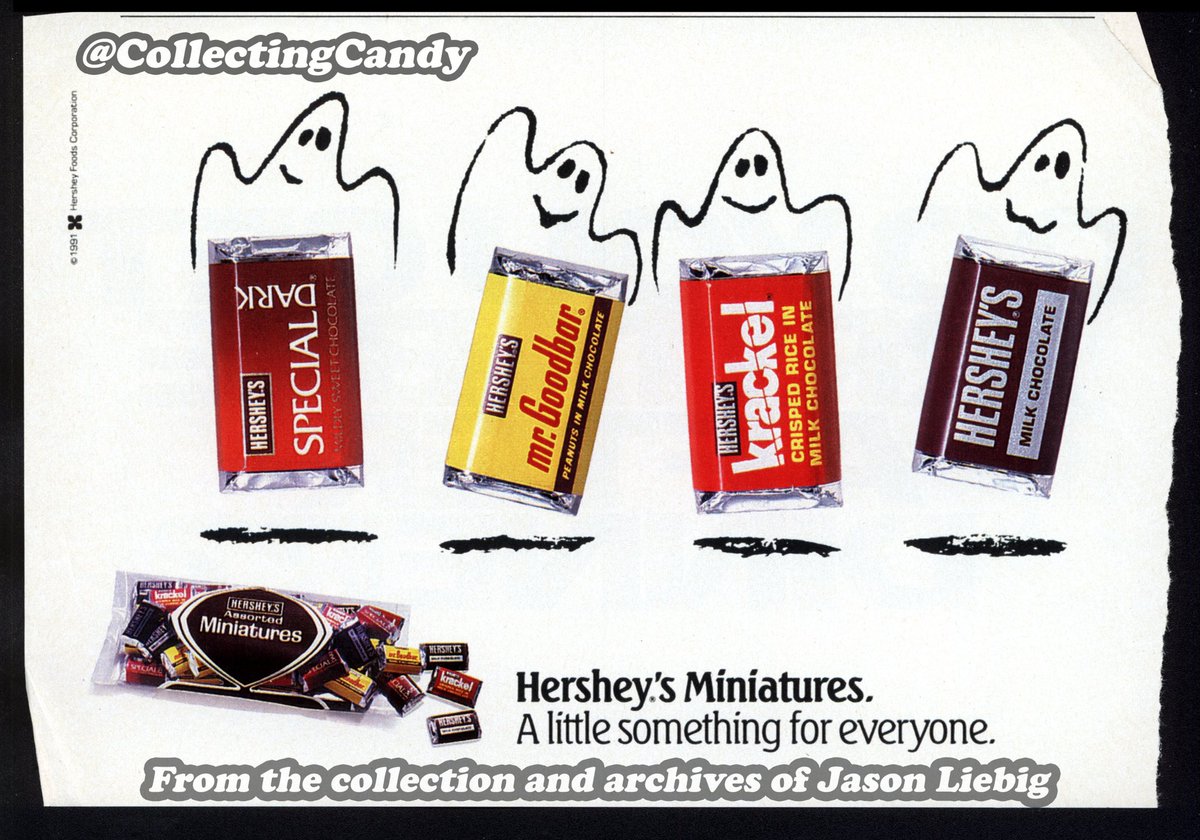 Collectingcandy's tweet photo. A fun Halloween magazine and for Hershey’s Miniatures from 1992.
@Hersheys Miniatures are such an iconic Halloween classic. When you got them in your Trick-Or-Treat bag, which did you keep and which did you toss?
#hersheysminiatures #halloweencandy #1990s #90s #90scandy https://t.co/9gzP6onzbG
