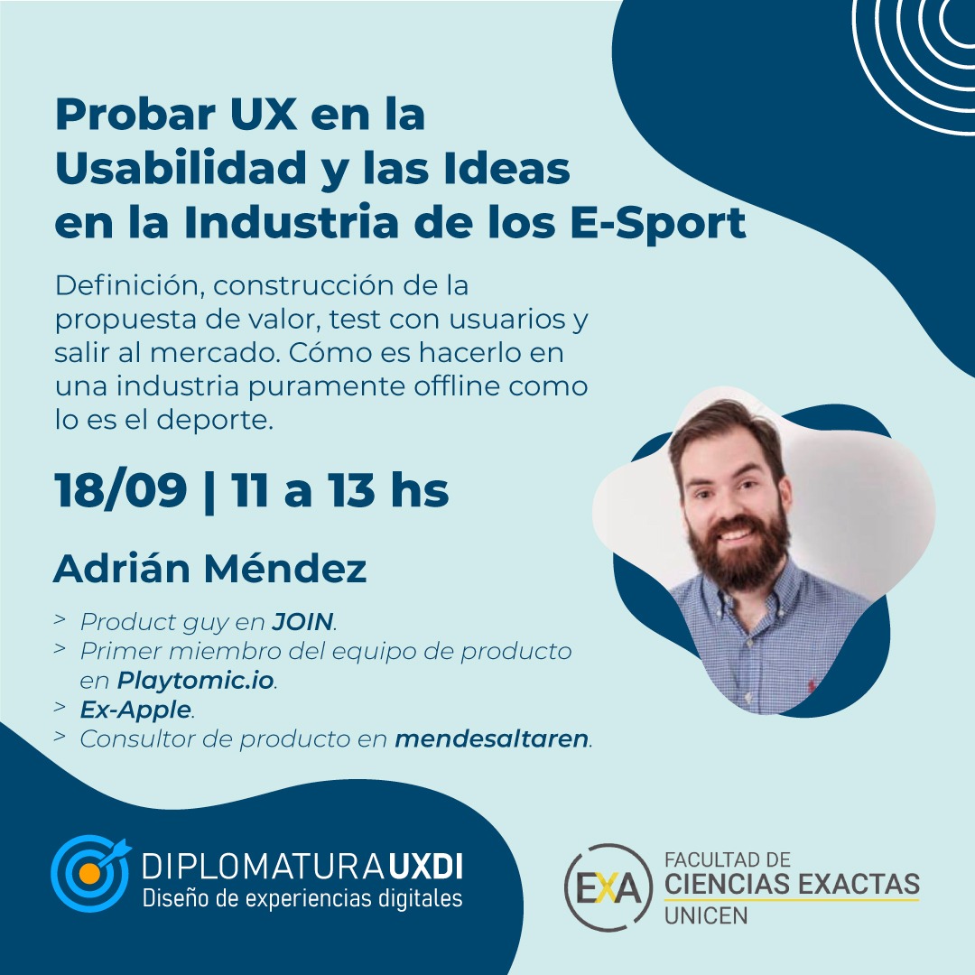 Clase Abierta UXDI "Probar UX en la Usabilidad y las Ideas en la Industria de los E-Sports", a cargo de Adrián Méndez. Mañana,  sábado 18 a las 11 nuestro canal de YouTube bit.ly/uxdi-youtube.
Anotate en bit.ly/uxdi-recibirav… #ux #usabilidad <a href="/FCEx_UNICEN/">EXACTAS UNICEN</a> @DiplomaturaUXDI