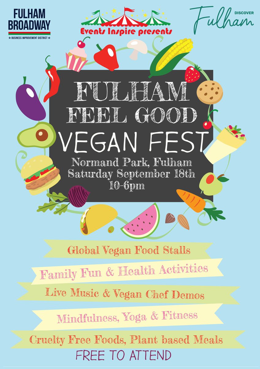 DiscoverFulham's tweet photo. Tomorrow is our Vegan Festival! Who’s coming? 

10am -6pm at Normand Park, we will have delicious vegan food &amp; drink stands, ethical arts, wellness &amp; beauty and a packed stage line up! 

Hope to see you there! #fulham #veganfest https://t.co/BdOWmwZidU