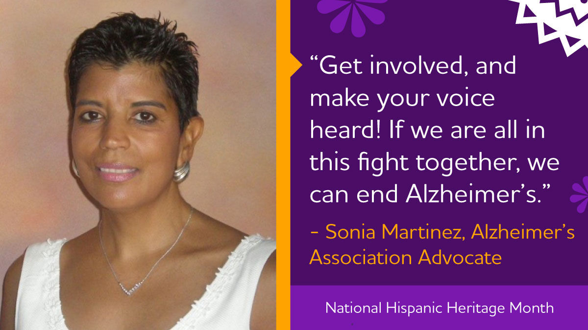 ALZIMPACT's tweet photo. This #HispanicHeritageMonth, we celebrate Alzheimer’s advocate Sonia Martinez of New York, who fights to #ENDALZ on behalf of her entire family, including both of her parents. Read about her passion to end Alzheimer’s &amp; educate her community: https://t.co/WJo7OqpFmM 💜 https://t.co/CU6dewRgzP