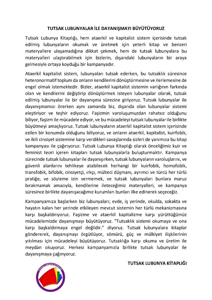 Patriyarkal kapitalist sistemin duvarlarına karşı, tutsak lubunyalar ile dayanışmayı örüyoruz!
@cisstsocial
@ihd_genelmerkez
<a href="/gorulmustur/">Görülmüştür</a>
<a href="/TD_inisiyatifi/">Tutsaklarla Dayanışma İnisiyatifi</a>