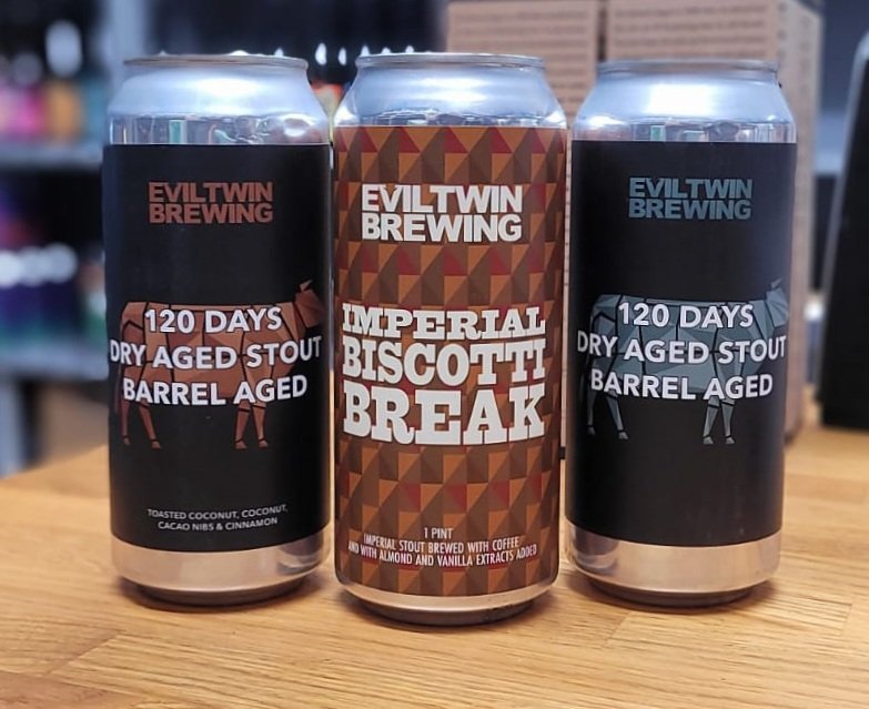 Also from <a href="/EvilTwinBrewing/">Evil Twin Brewing</a> 🖤🍺 120 Dry Aged Stout is brewed with dry aged malt and barrel aged in OZ Tyler Papas Pilar Rum Barrels. Available with or without the addition of Coconut, Cacao Nibs &amp; Cinnamon both 17.5%abv. (£14.50/£7.80/£14.50)